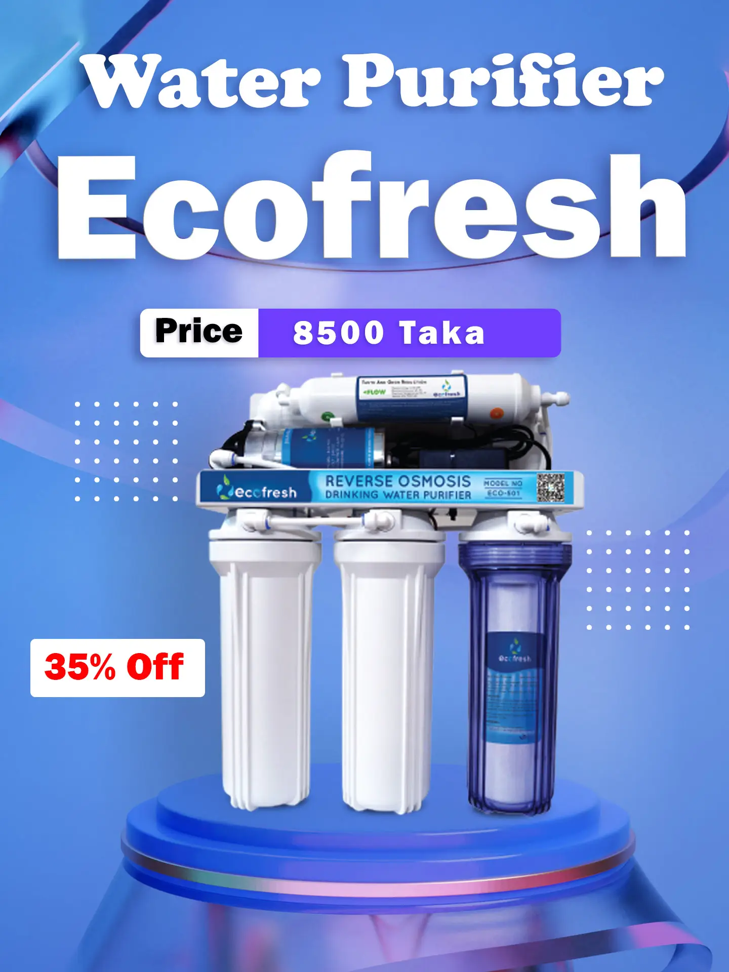 Ecofresh Eco-501 Reverse Osmosis Water Purifier – RO 3.2GL Tank, 75 GPD Capacity